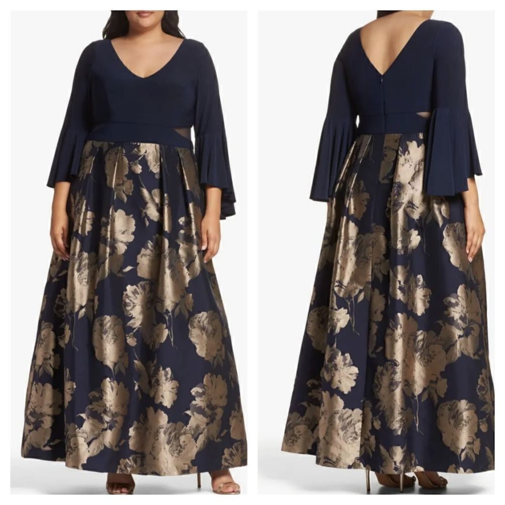 Xscape Navy Blue Long Brocade Ballgown